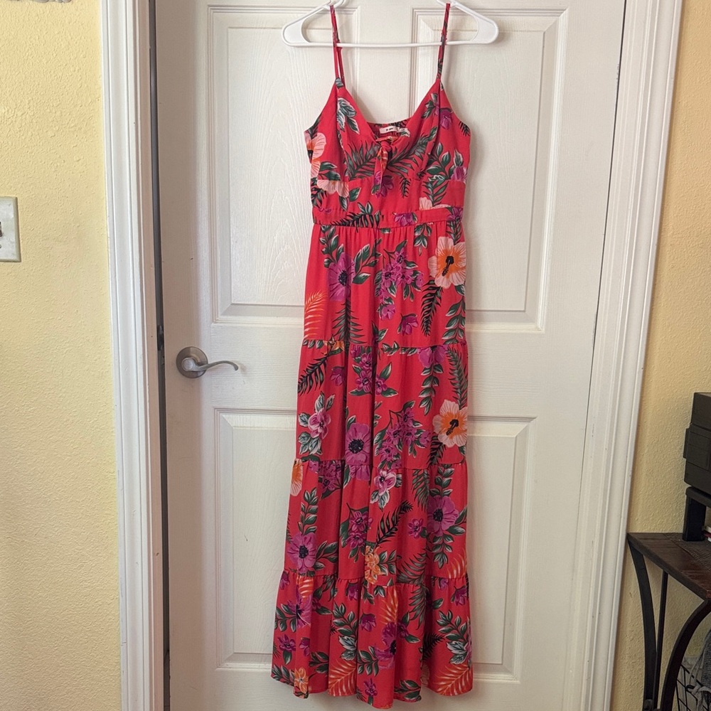 Floral Coral Maxi Dress with Adjustable Spaghetti Straps